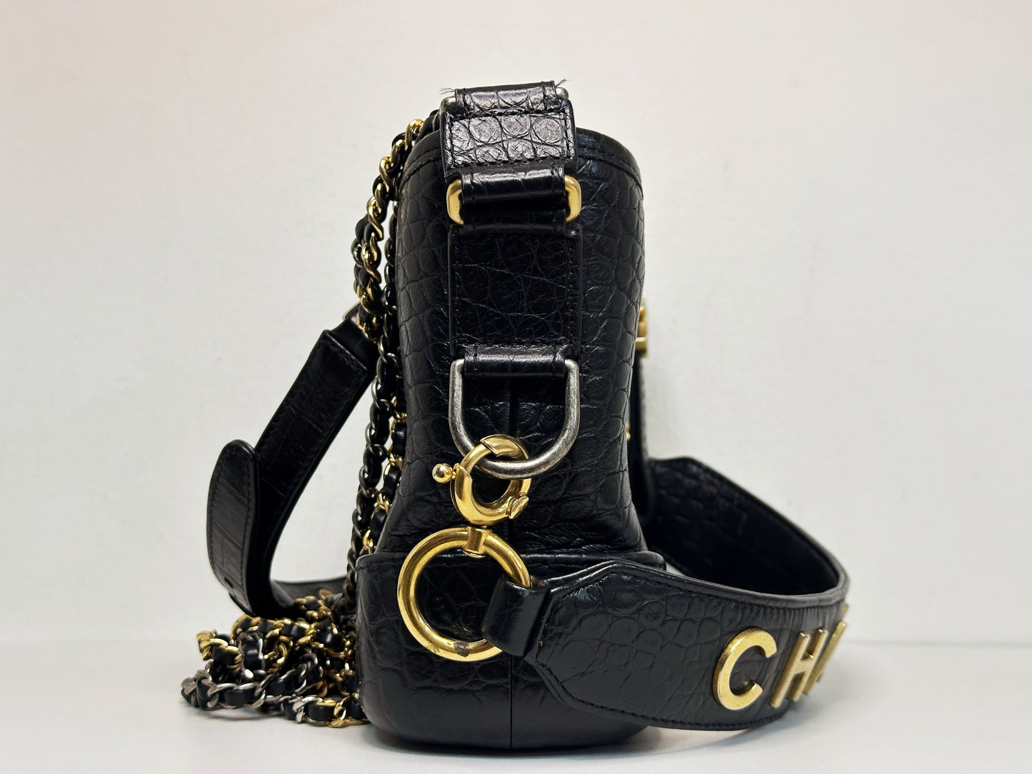 Chanel Small Gabrielle Hobo Bag Crocodile Embossed Calfskin Black 2822 holo card