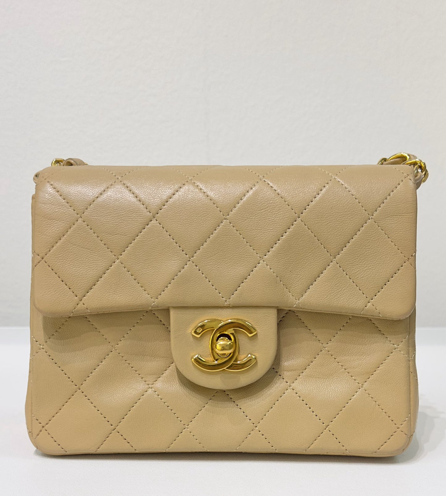 Chanel Mini Square Vintage Lambskin Chain Shoulder Bag Beige