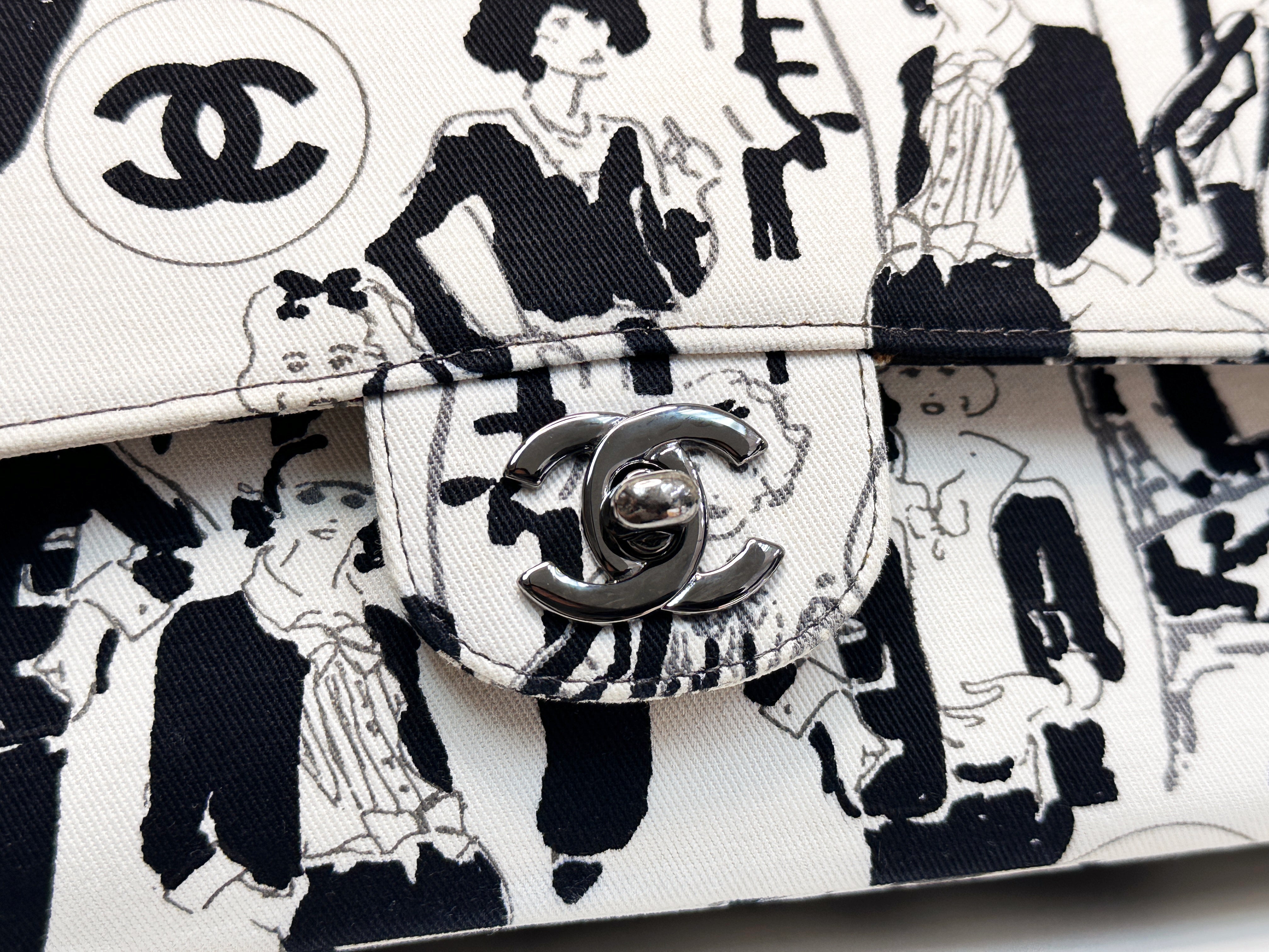 Chanel Canvas Coco Icons Medium Double Flap Bag Black White 827 holo card