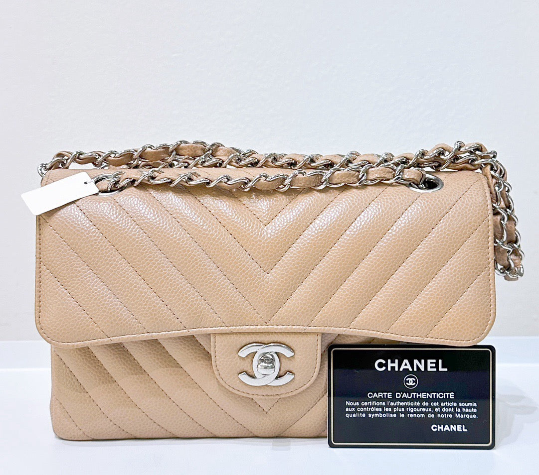 Chanel 19C Beige  Small Grained Calfskin &Sliver Timeless Classic Chevron