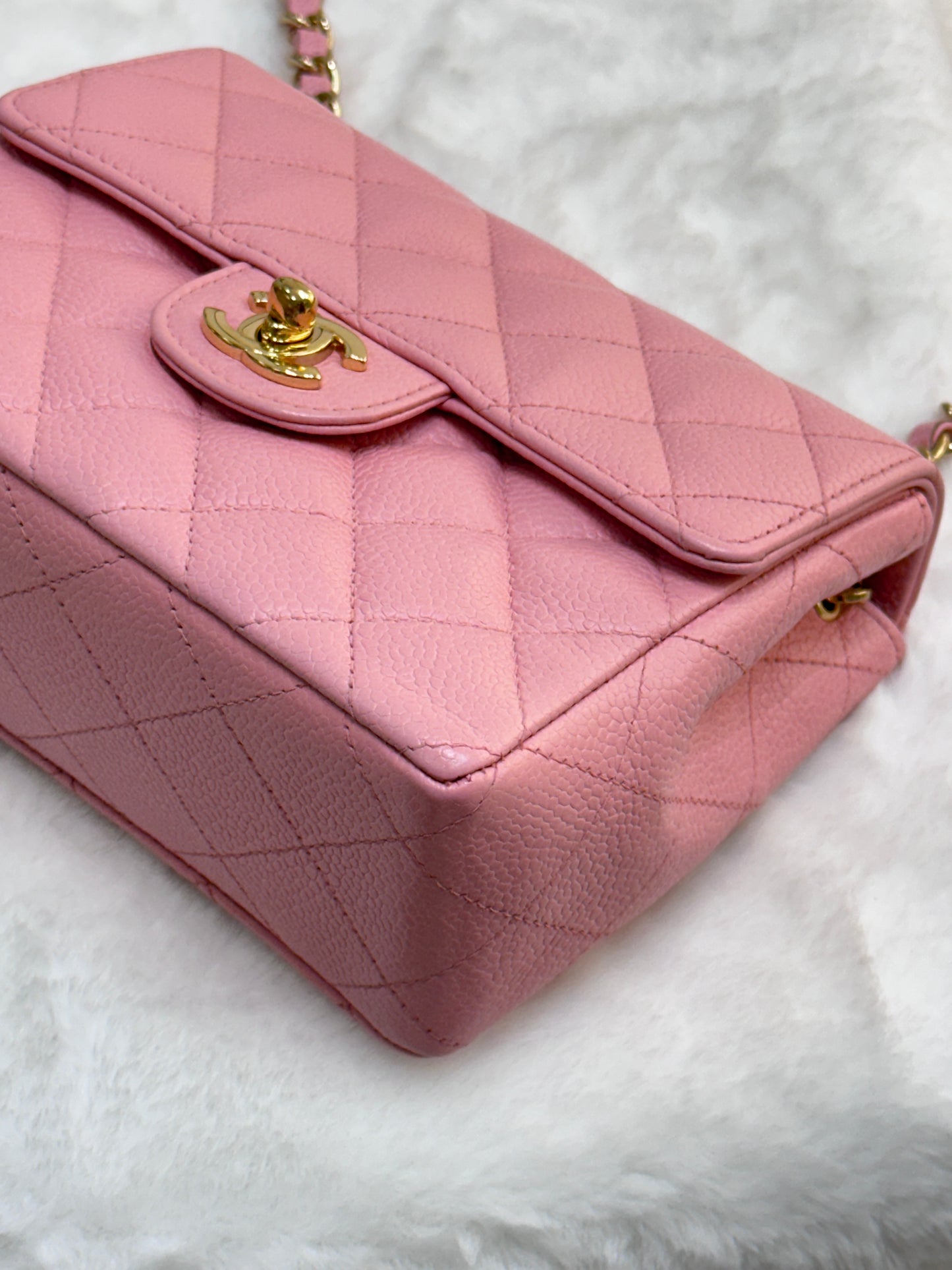 Chanel Mini Square Classic Caviar Flap Pink. Body lightly touched