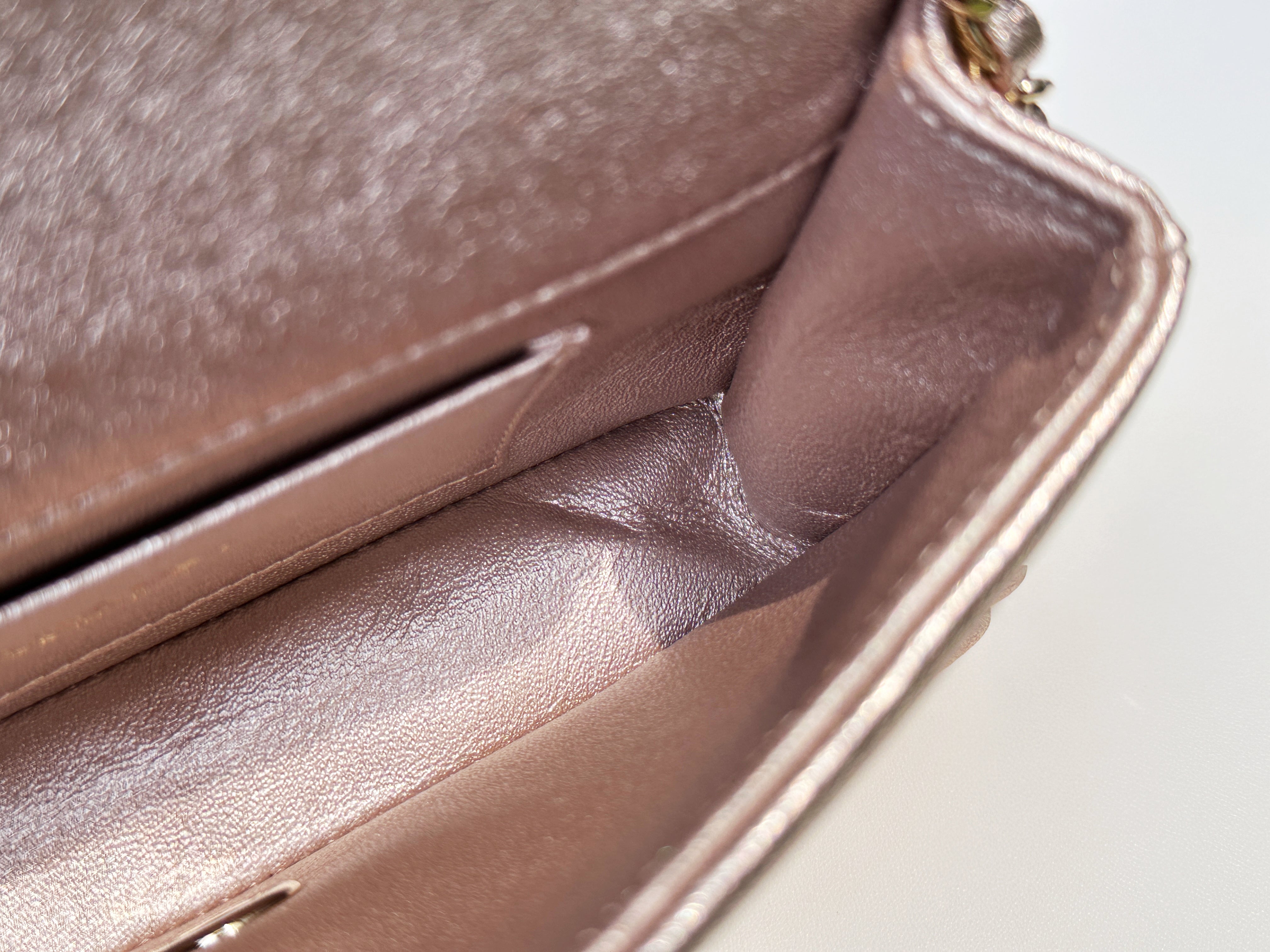 Chanel Camellia Mini Metallic Rose Gold/Pink Lambskin Gold Hardware 2078 holo card