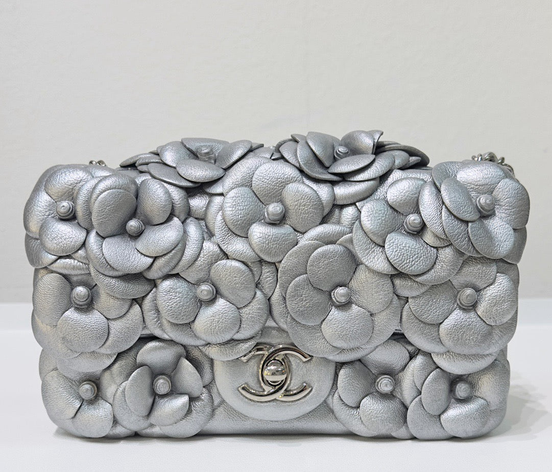 Chanel Mini Camellia Lambskin Shiny Silver SHW