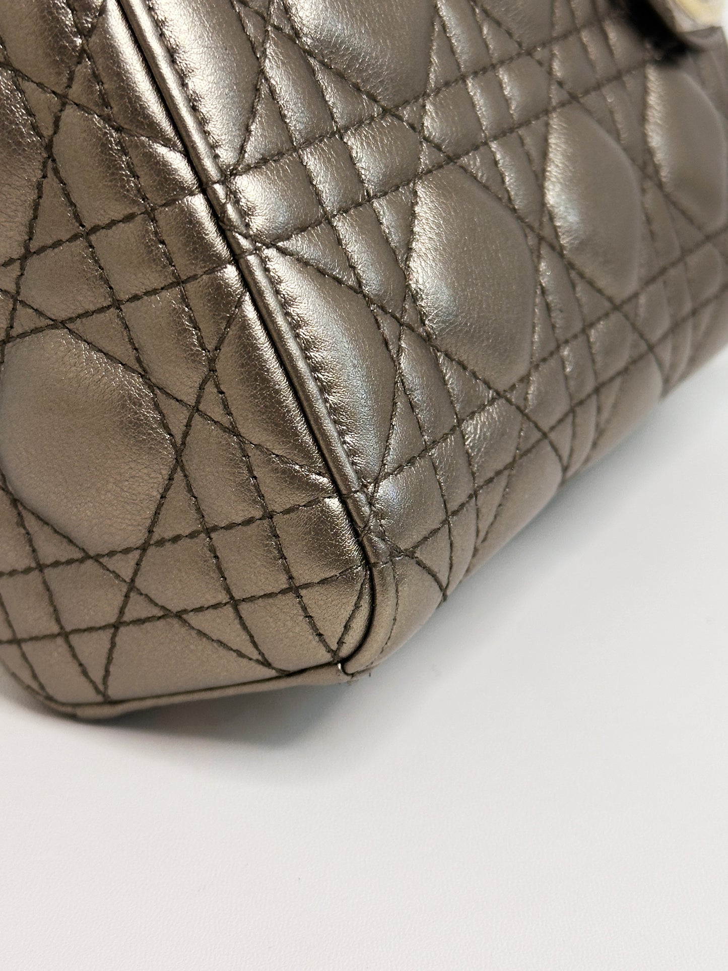 CHRISTIAN DIOR LADY MINI CALFSKIN CANNAGE BRONZE METALLIC GOLDEN HARDWARE CHAIN STRAP