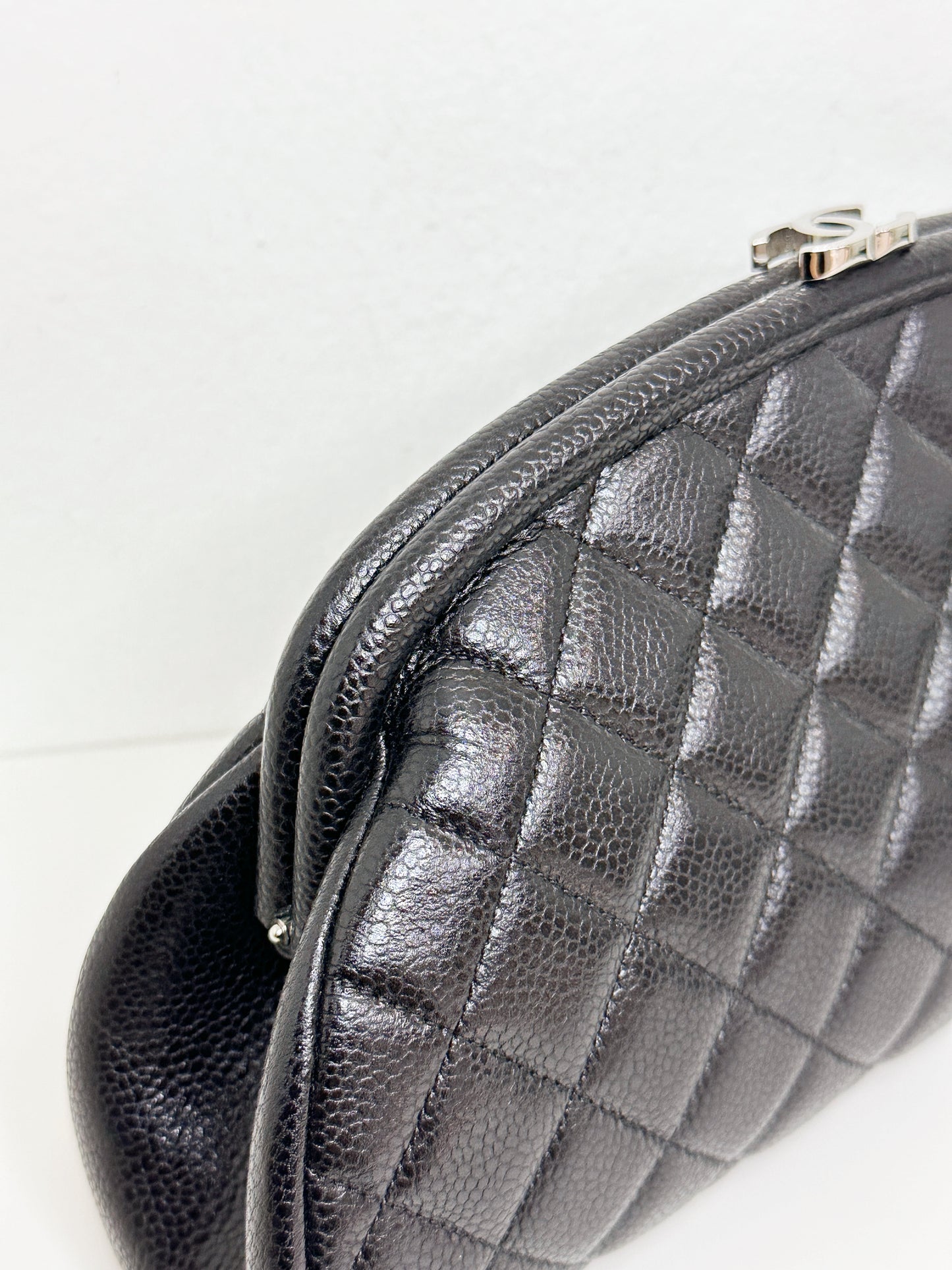 Chanel Quilted Timeless Kisslock Clutch Black Caviar SHW 1915 holo card