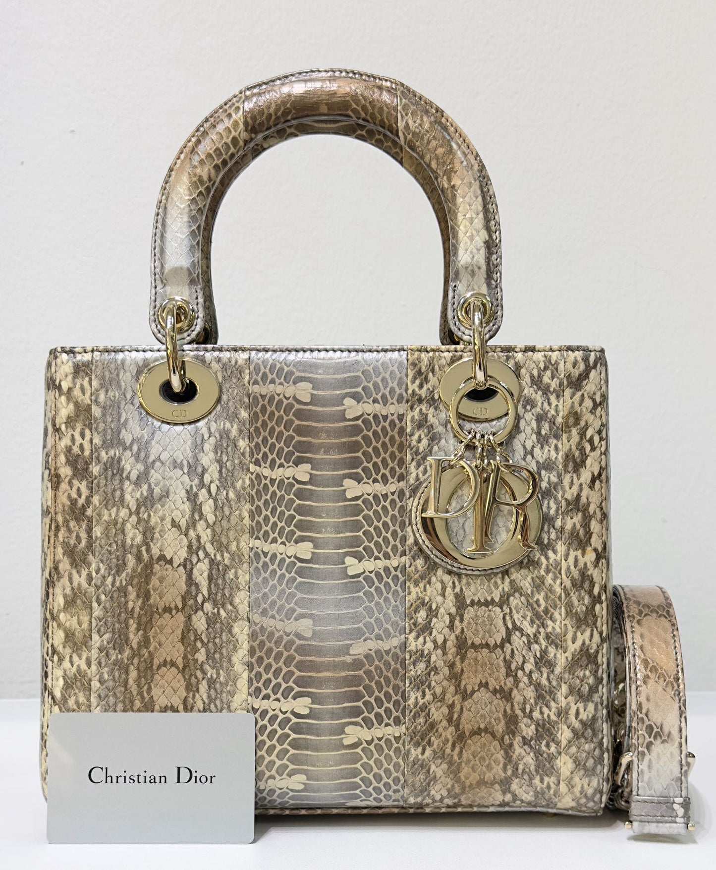 Christian Dior Medium Bicolor Python Leather Lady Dior Flap Closure Bag