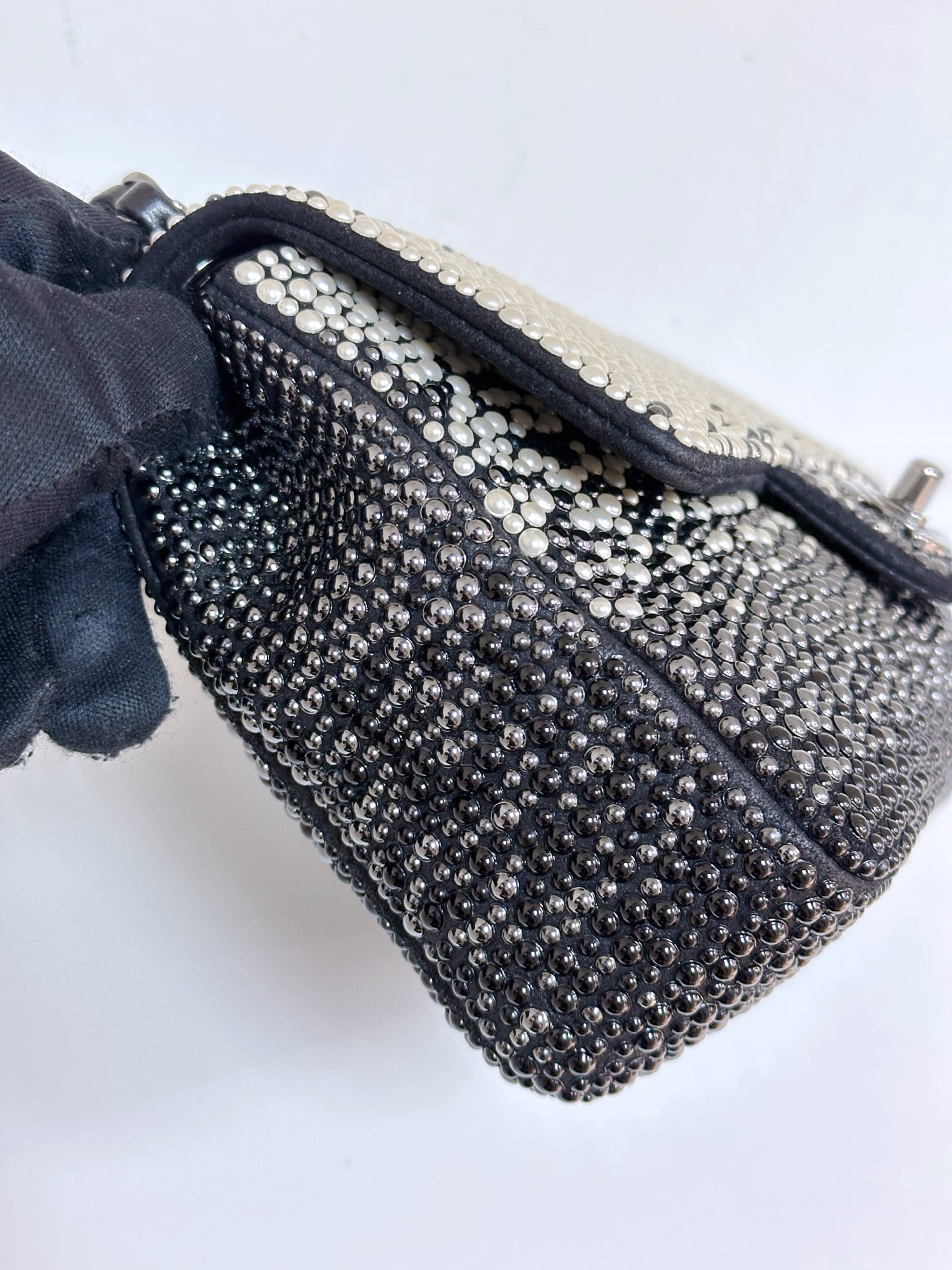 White, Grey and Black Imitation Pearls and Beads and Calfskin Embellished CC MiniClassic Single Flap Ruthenium Hardware, 2014