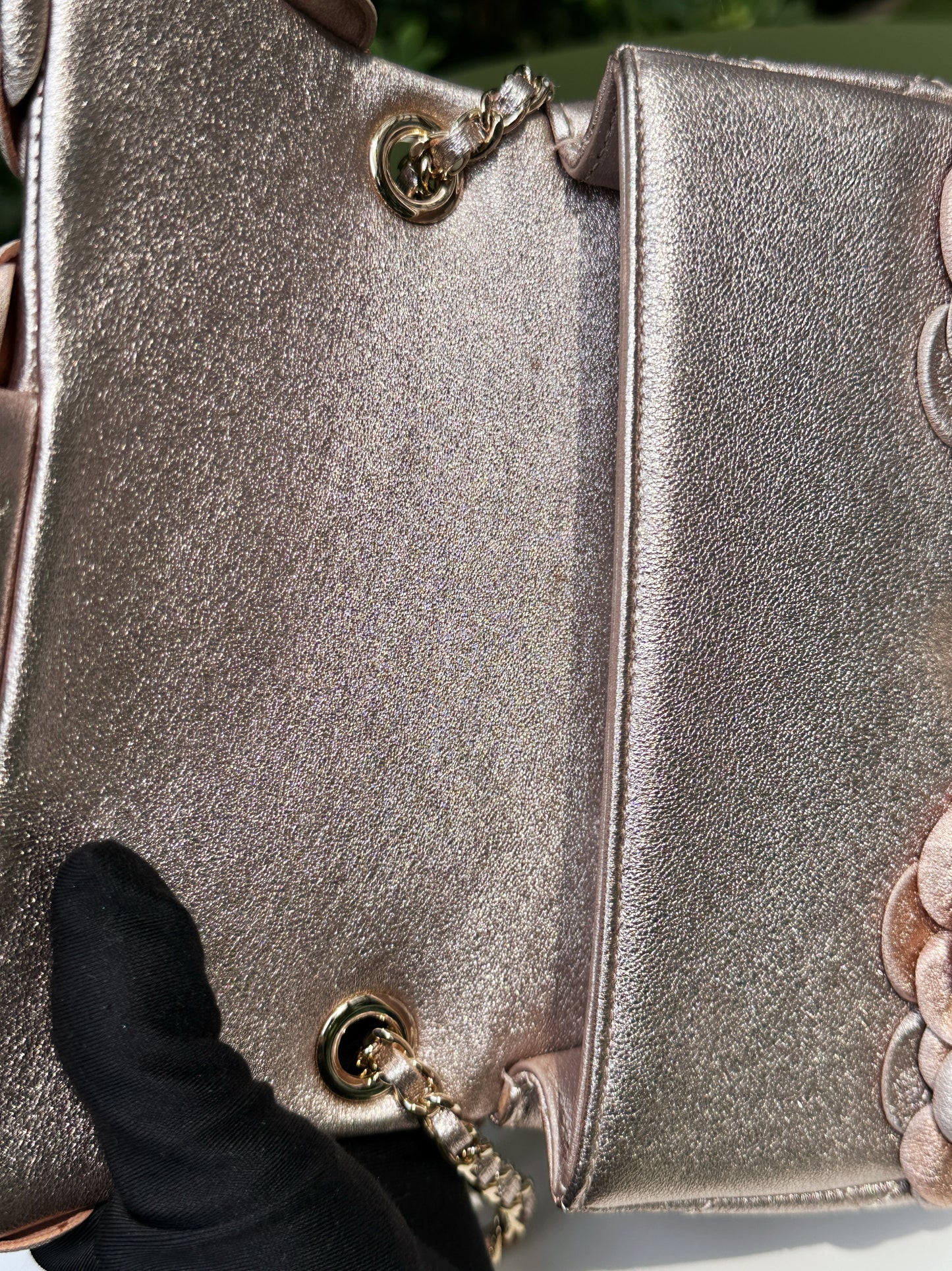 Chanel Camellia Mini Metallic Rose Gold/Pink Lambskin Gold Hardware 2078 holo card