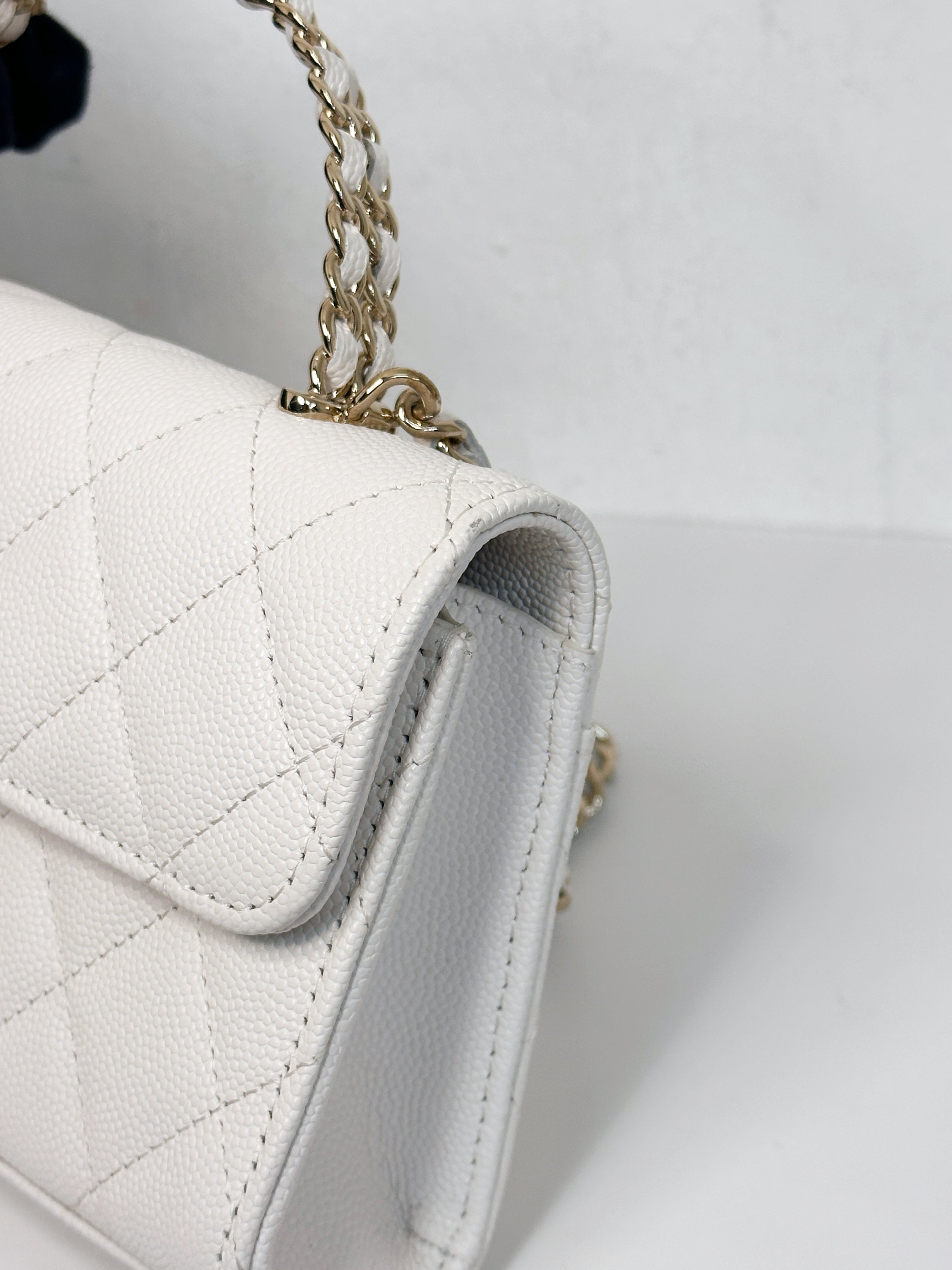 Chanel 23P Top Handle Kelly Clutch with Chain in White Caviar GHW