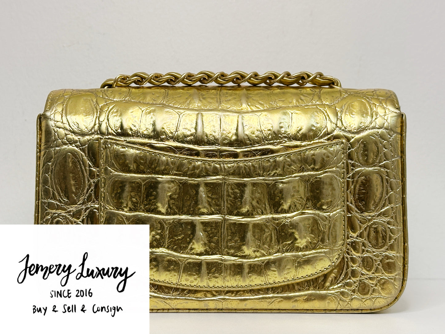 Chanel Mini Calfskin Crocodile Embossed Rectangular Gold Metallic Flap Bag 2813 holo card