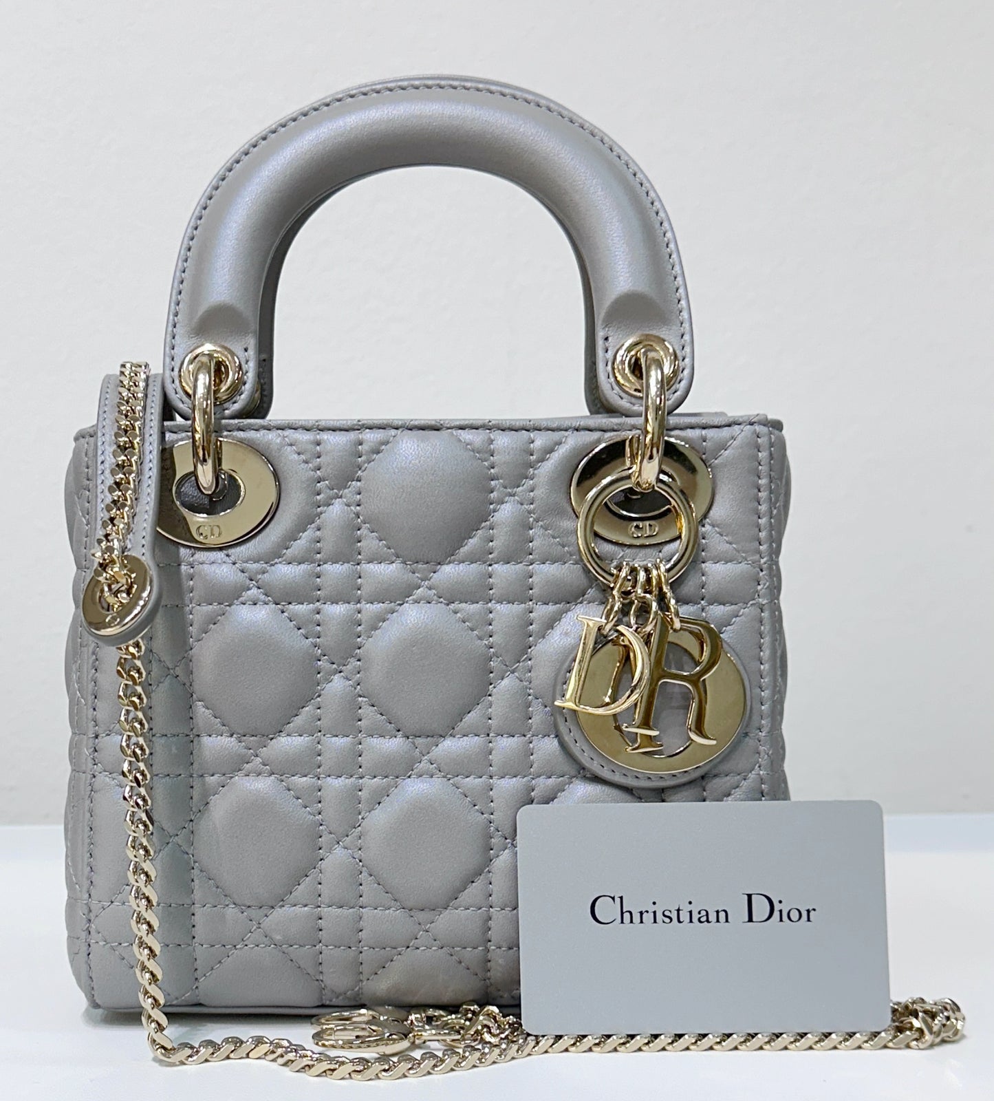 Christian Dior Mini Lambskin Cannage Lady Dior Gray Opaline GHW