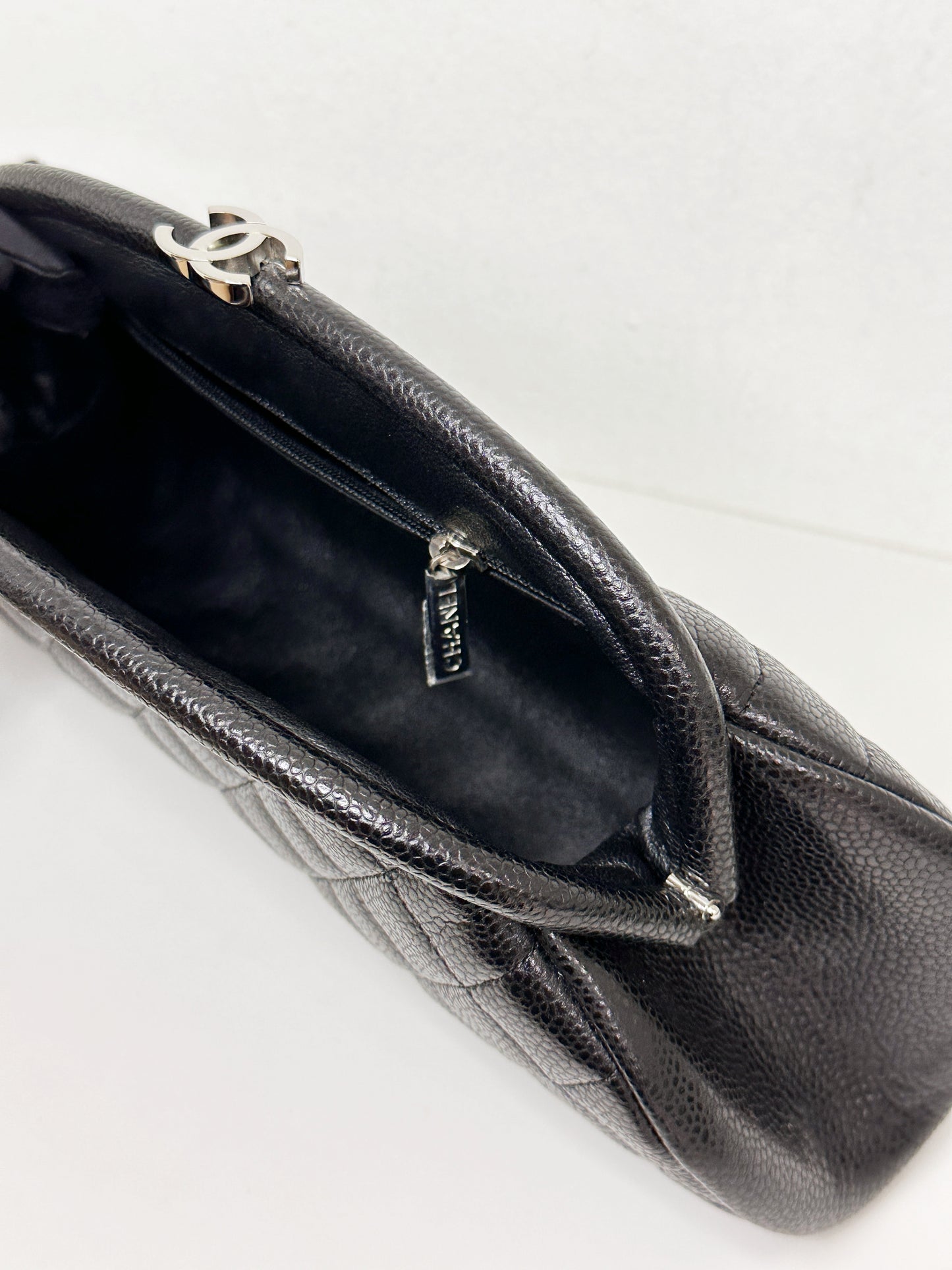 Chanel Quilted Timeless Kisslock Clutch Black Caviar SHW 1915 holo card
