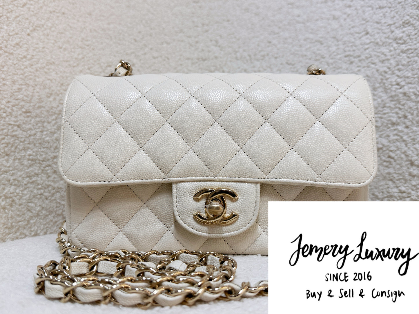 Chanel Mini Rectangular Classic Quilted Caviar Ivory 17C GHW 2383 holo card