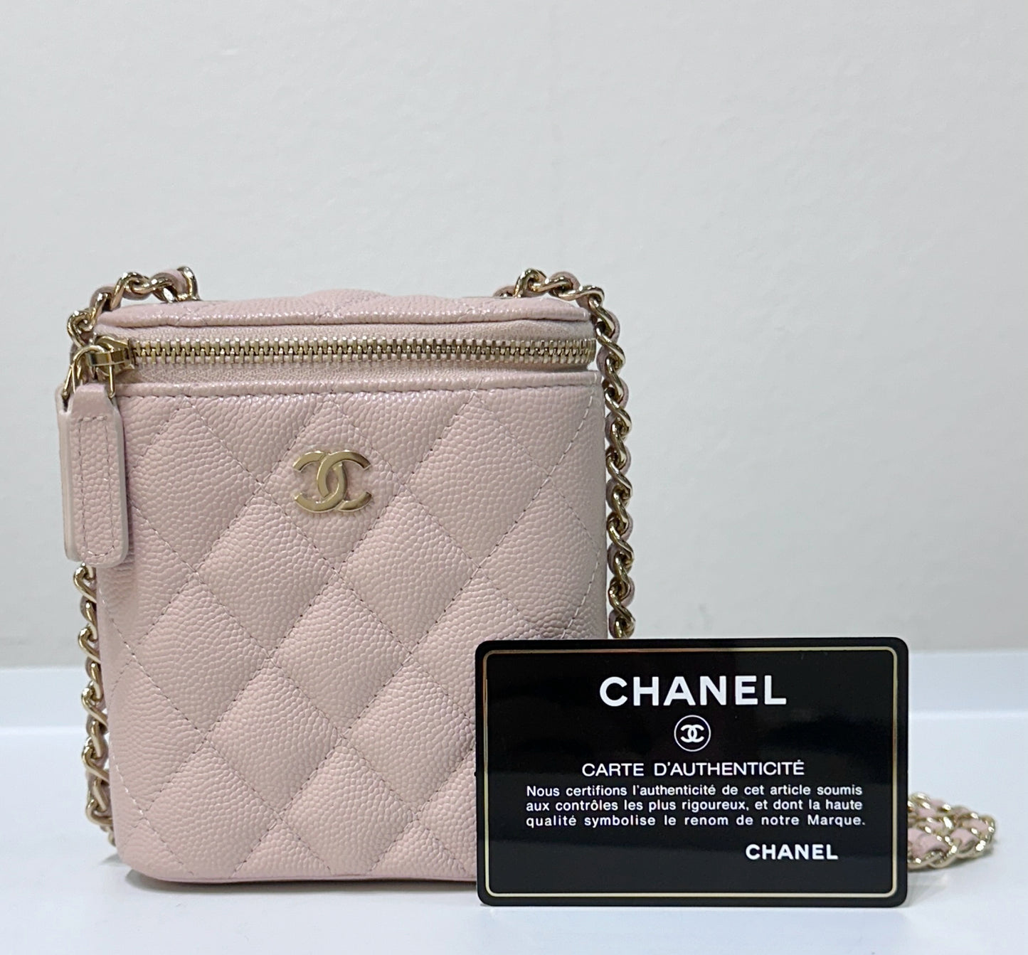 CHANEL Caviar Quilted Small Vertical Coco Beauty Vanity Case With Chain Light Pink