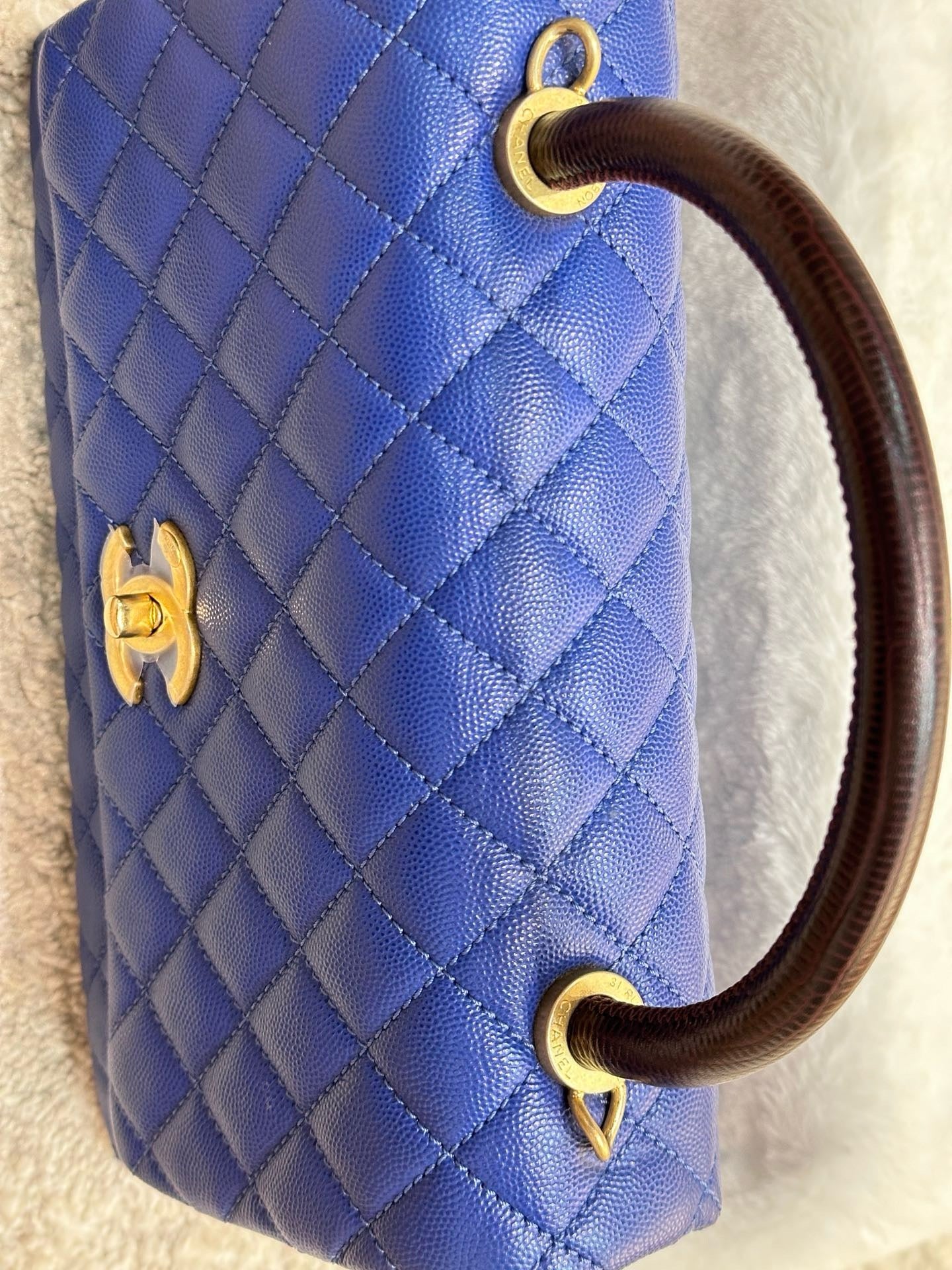 Chanel Medium Caviar Lizard Embossed Quilted Coco Handle Flap Dark Blue