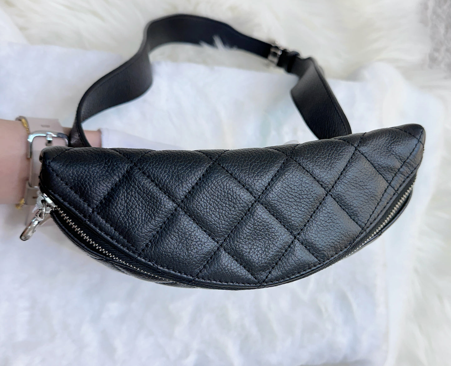 CHANEL Grained Calfskin Quilted Waist Belt Bag Black 2748 holo card