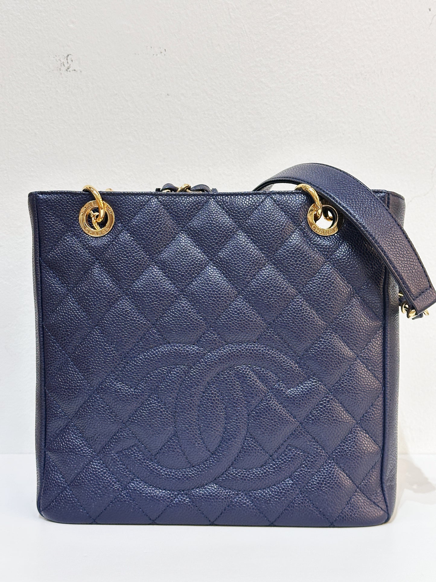 Chanel Caviar Quilted Petit Shopping Tote PST Navy Blue 1898 holo card