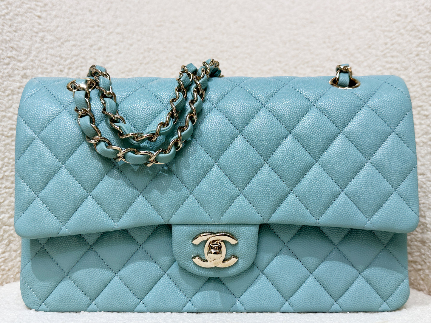 Chanel Classic Flap Medium 20C Tiffany Blue Caviar Light Gold Hardware 294 holo card