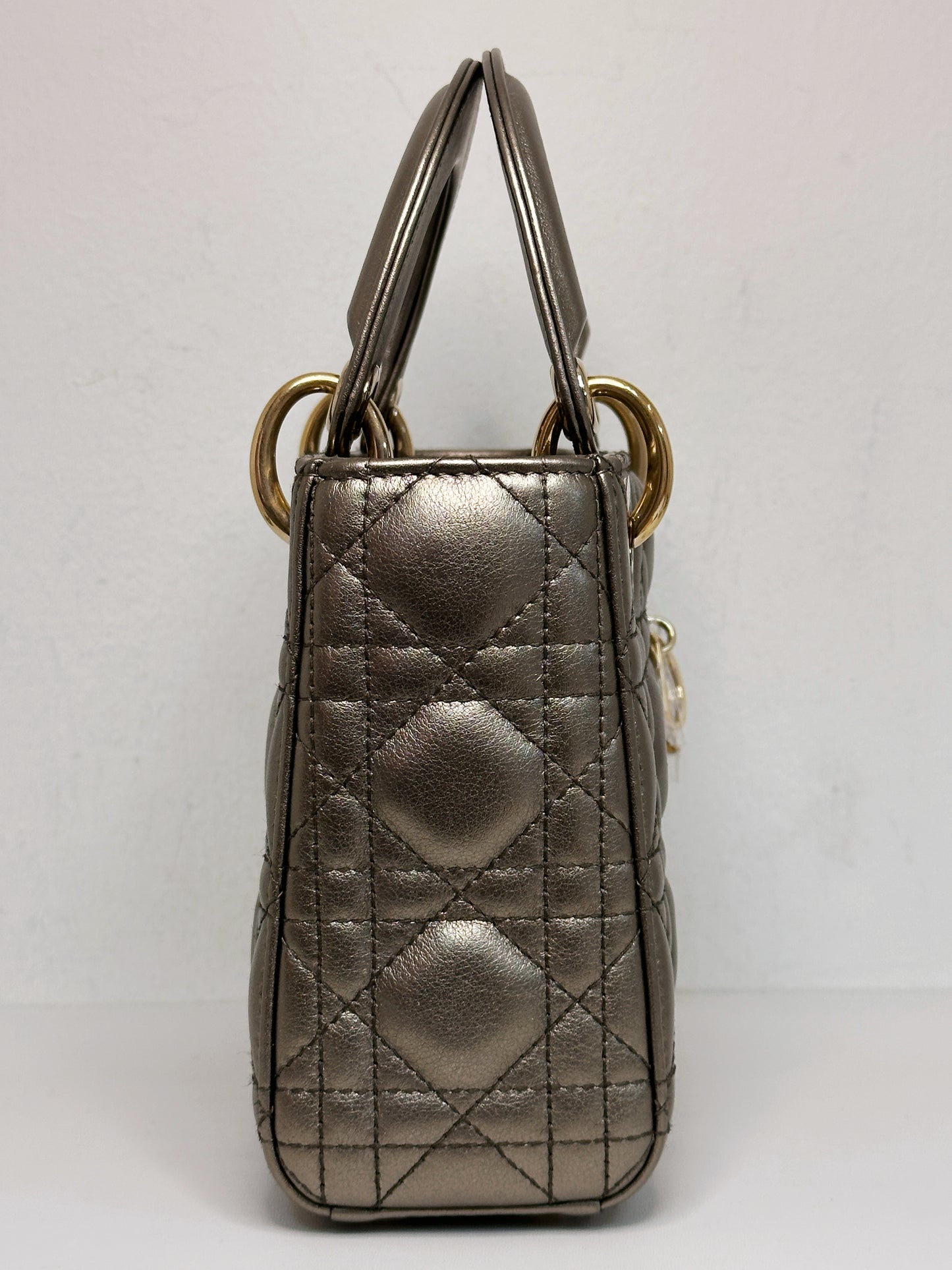 CHRISTIAN DIOR LADY MINI CALFSKIN CANNAGE BRONZE METALLIC GOLDEN HARDWARE CHAIN STRAP