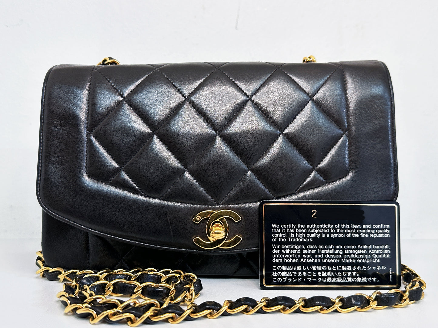 Chanel Vintage Quilted Diana Flap Bag Black Lambskin 25 holo card