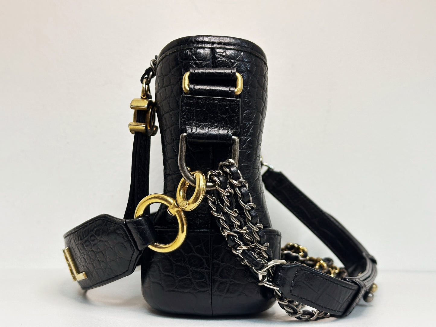 Chanel Small Gabrielle Hobo Bag Crocodile Embossed Calfskin Black 2822 holo card