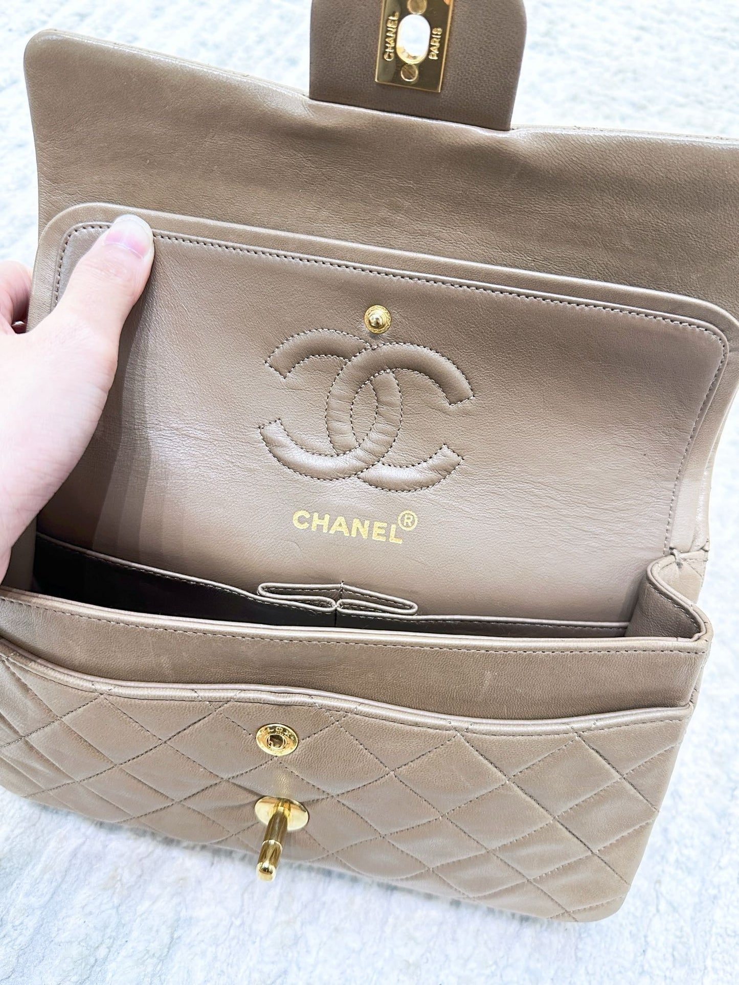 Classic Medium Double Flap in Beige with GHW