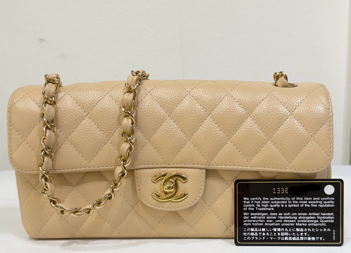 Chanel Caviar East West Flap Bag Beige GHW 1336 holo card