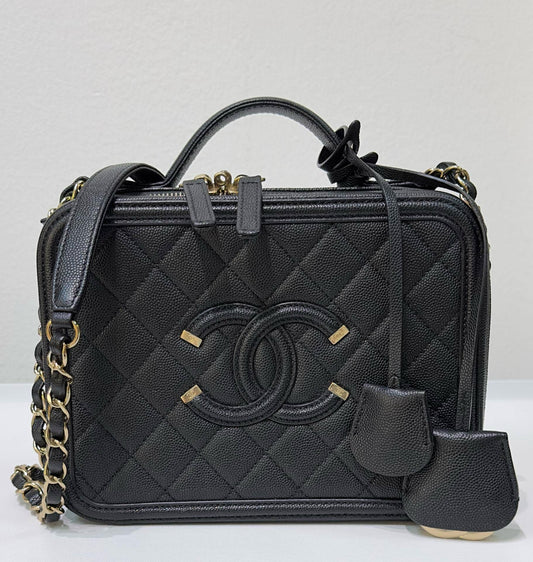 Chanel Medium Filigree Vanity Case Quilted Caviar Black GHW