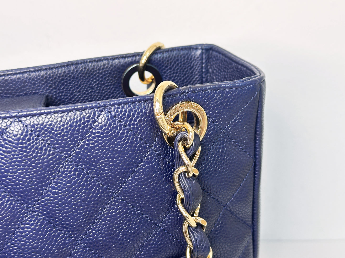 Chanel Caviar Quilted Petit Shopping Tote PST Navy Blue 1898 holo card