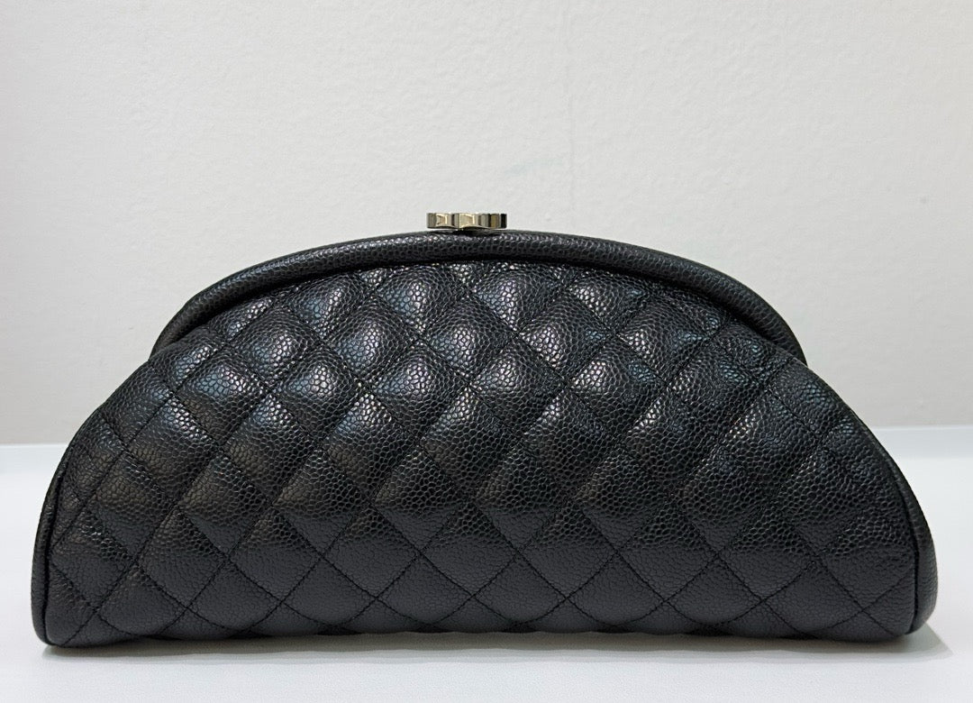 Chanel Quilted Timeless Kisslock Clutch Black Caviar SHW