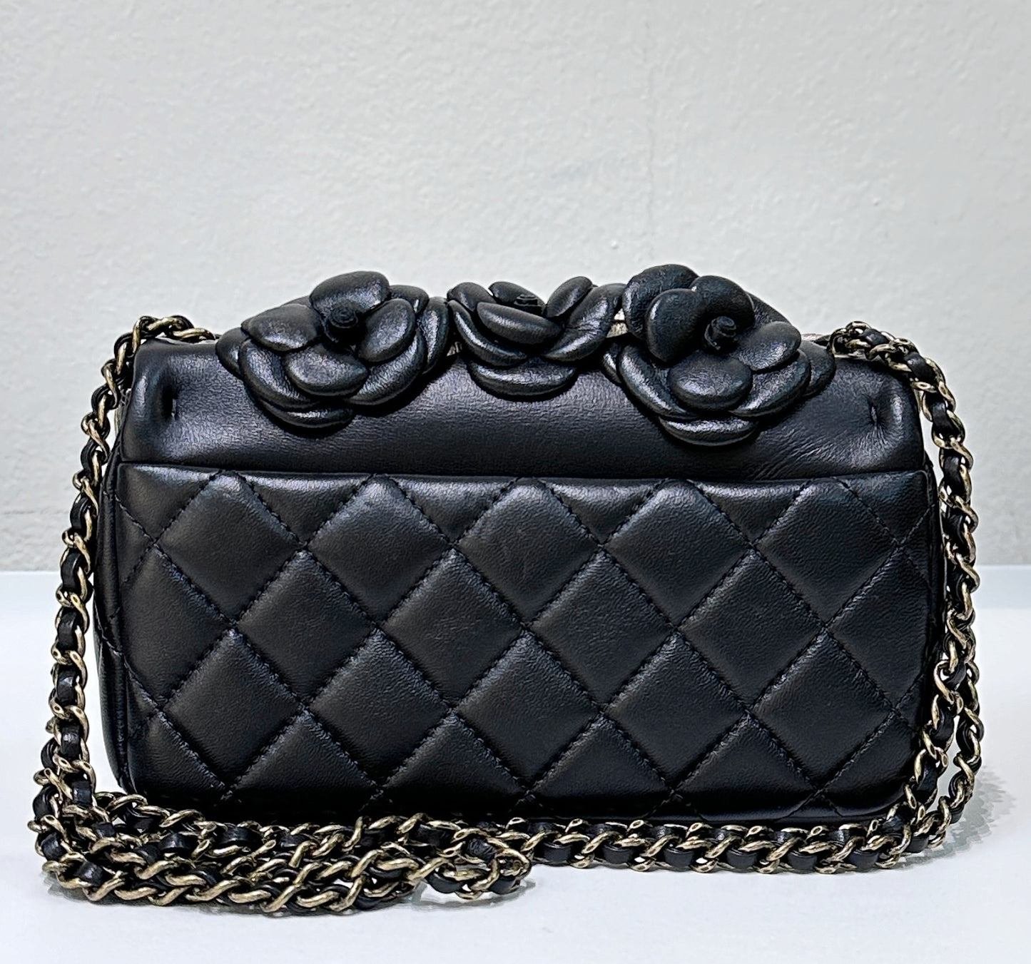 Chanel Mini Metallic Lambskin Quilted Camellia Flap  Bag Black Gold