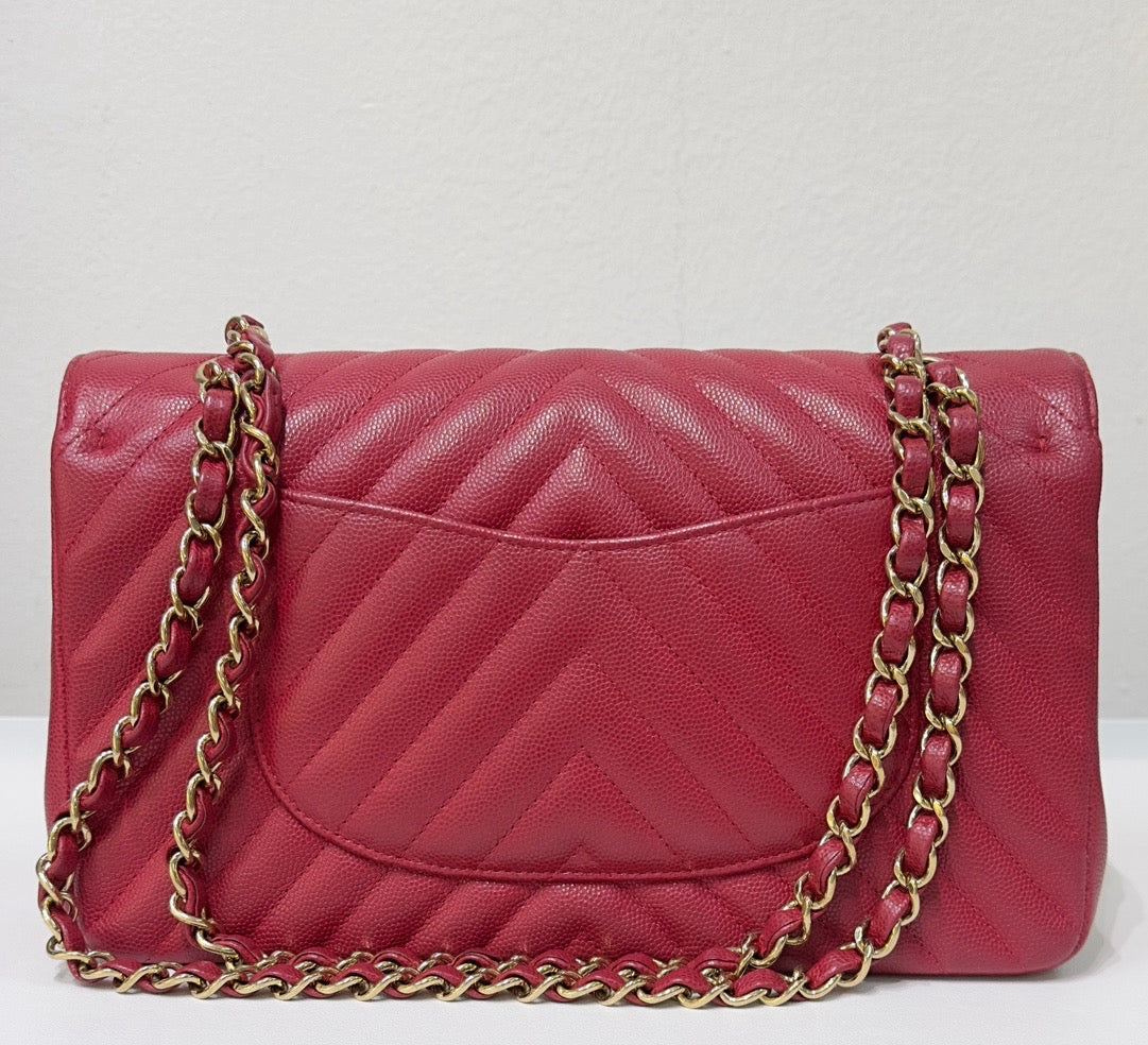 Chanel Medium Chevron Caviar Double Flap Red GHW