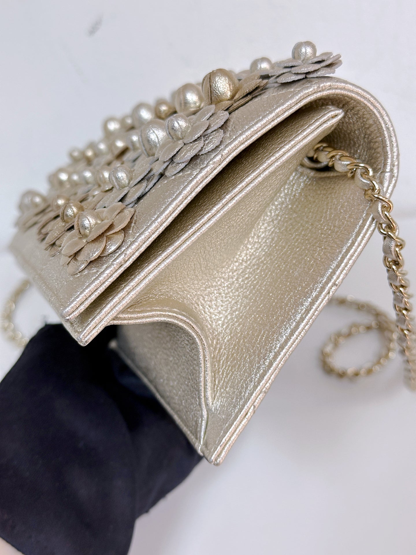 Gold Camellia Embellished Chain Clutch GHW 2728 holo card