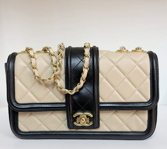 Chanel Medium Lambskin Quilted Elegant CC Flap Beige Black GHW