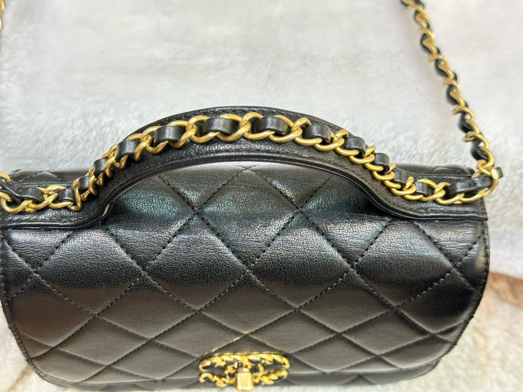 Chanel Small Lambskin Quilted Chain Infinity Top Handle Flap Black GHW