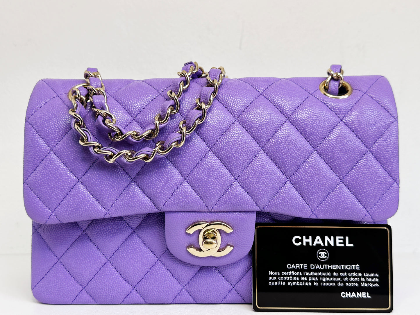 Chanel 20S Small Caviar Classic Quilted Double Flap Bag Purple LGHW 2976 holo card