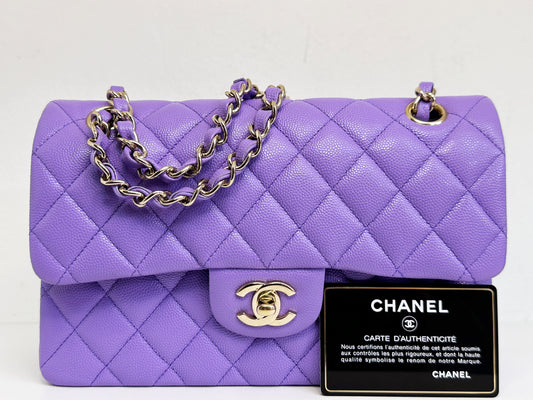 Chanel 20S Small Caviar Classic Quilted Double Flap Bag Purple LGHW 2976 holo card
