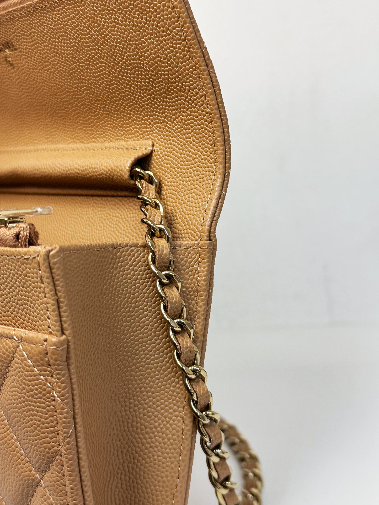 Chanel 23P Caramel Dark Beige Caviar Classic Quilted Wallet on chain LGHW UK27 microchip