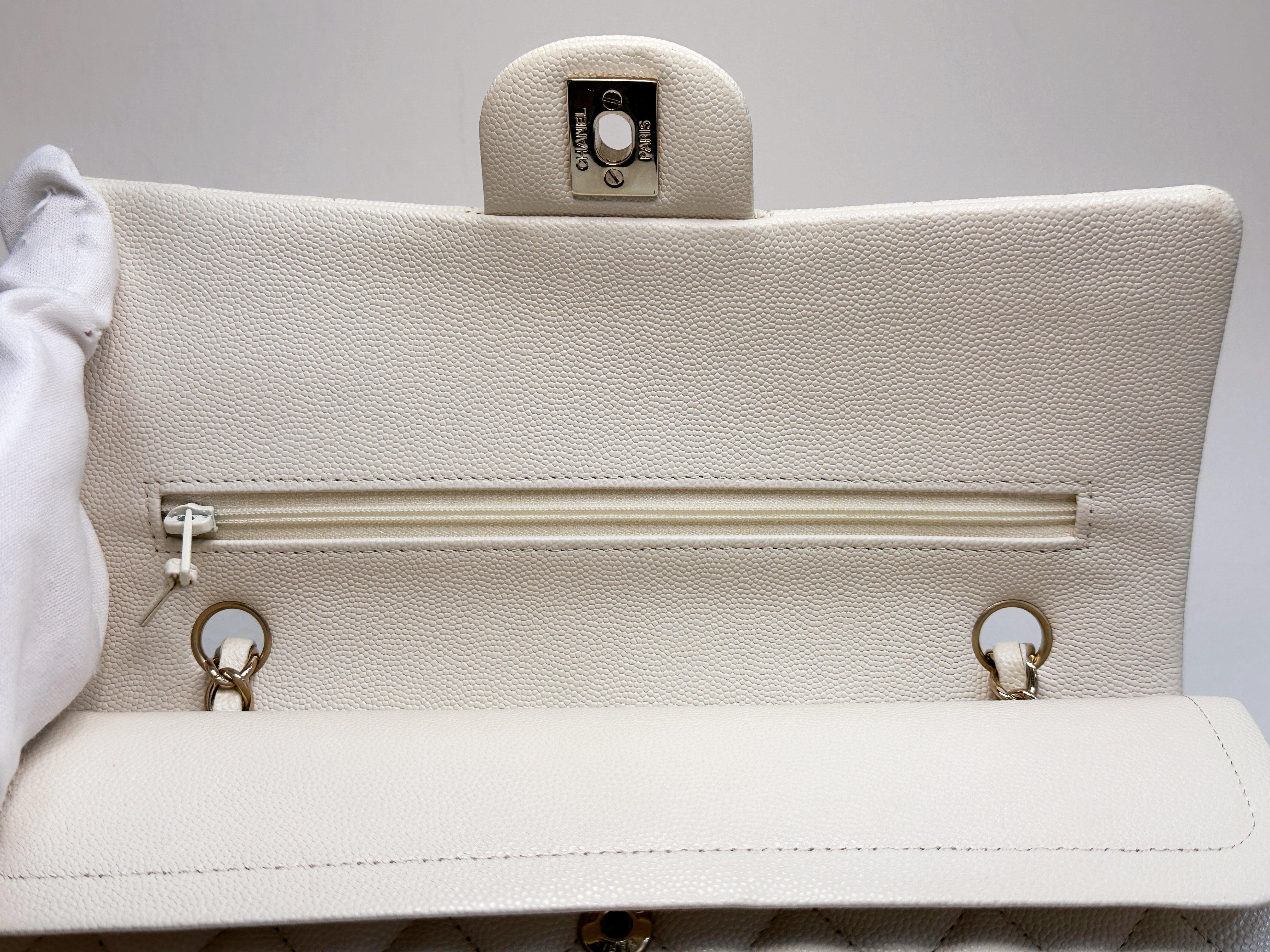 Chanel Medium Caviar Classic Quilted Double Flap White Light Beige Bag LGHW L45J microchip