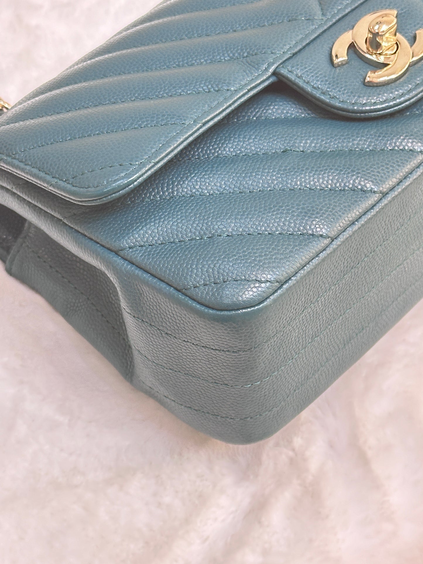 Chanel Mini Caviar Rectangular Chevron Turquoise Green GHW