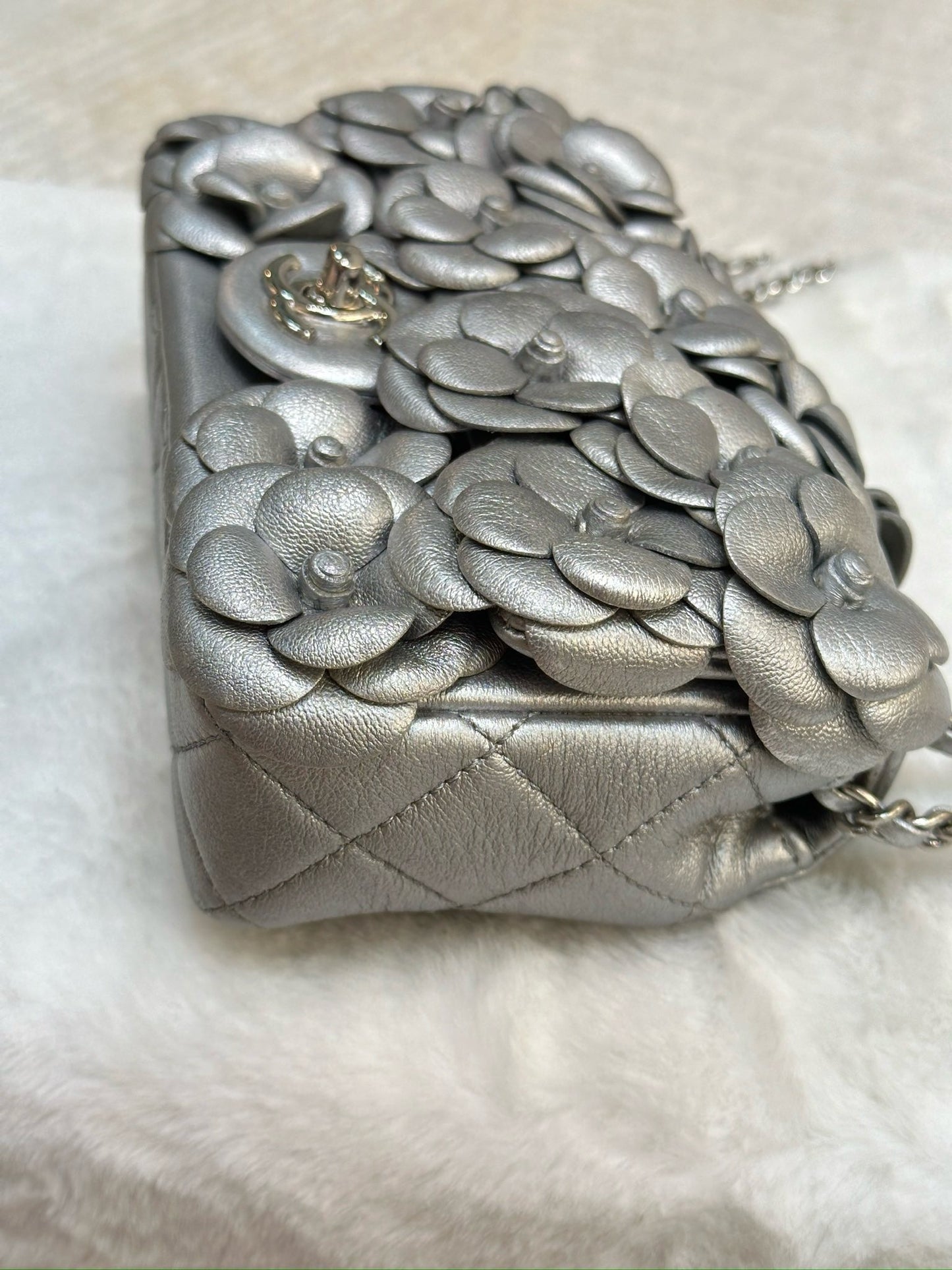 Chanel Mini Camellia Lambskin Shiny Silver SHW