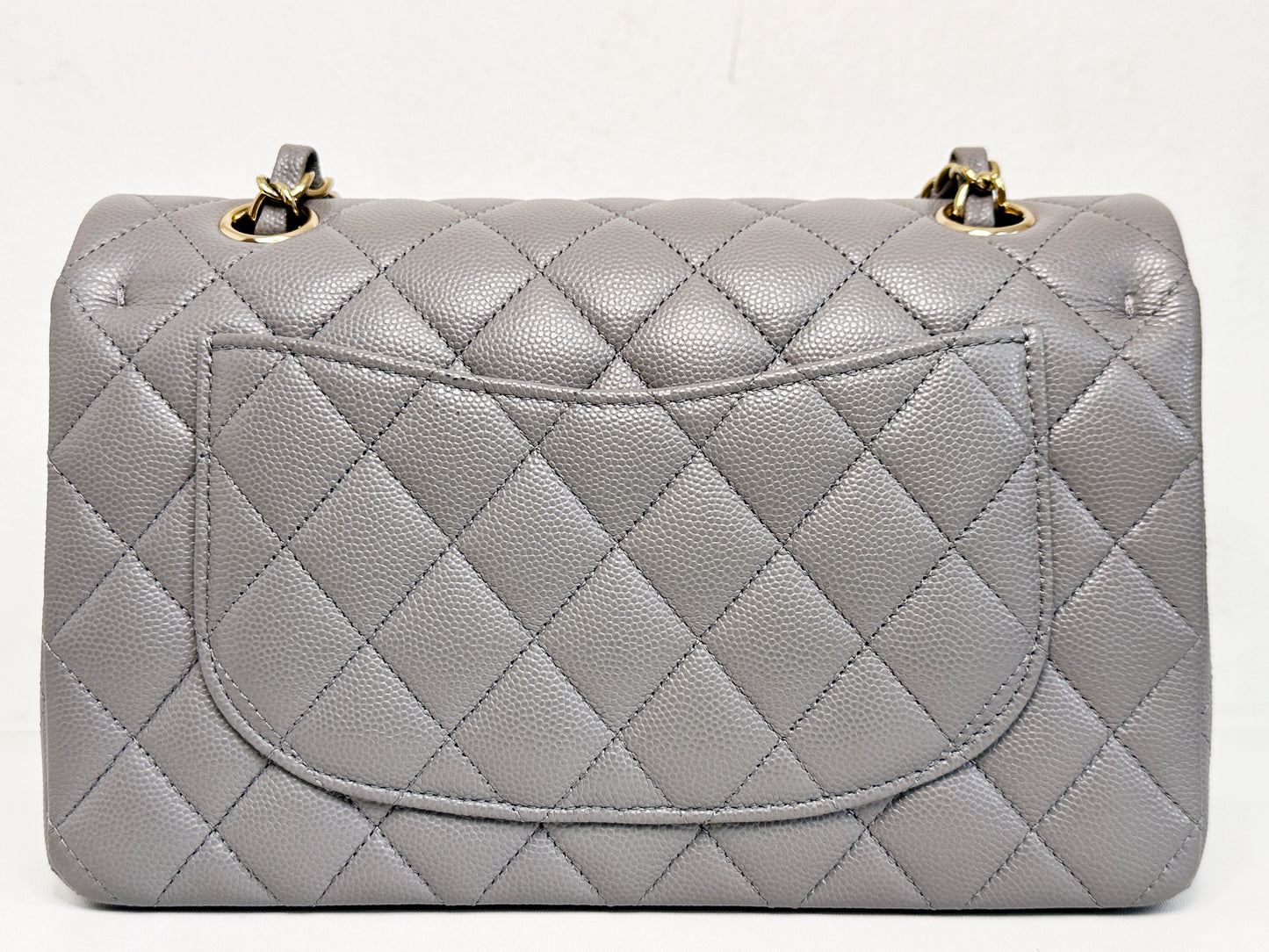 Chanel Small Caviar Quilted Double Flap Bag Grey LGHW EK81 microchip
