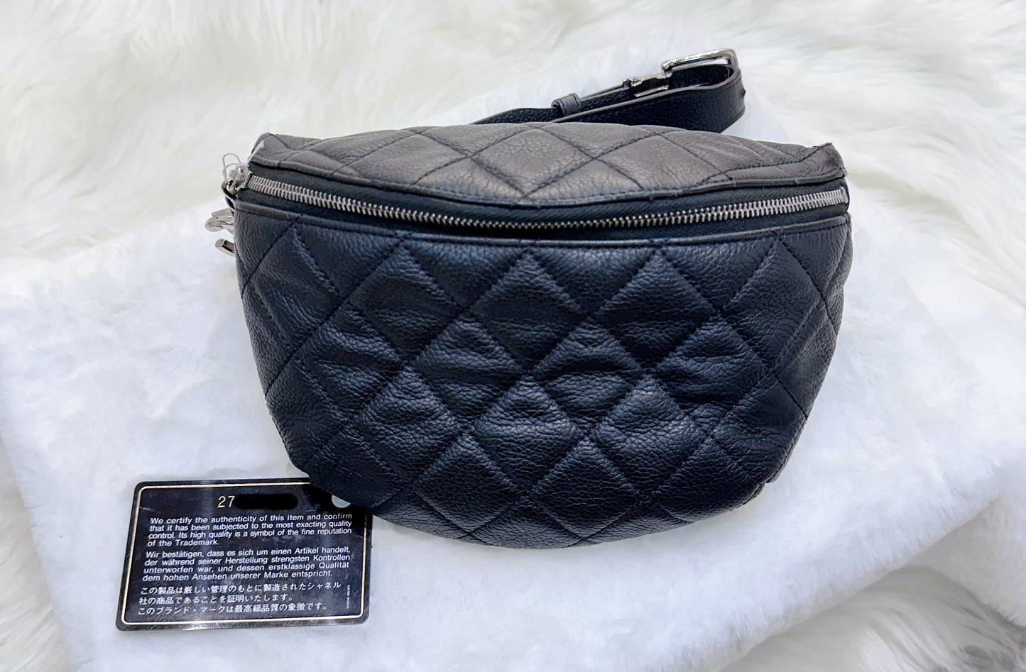 CHANEL Grained Calfskin Quilted Waist Belt Bag Black 2748 holo card