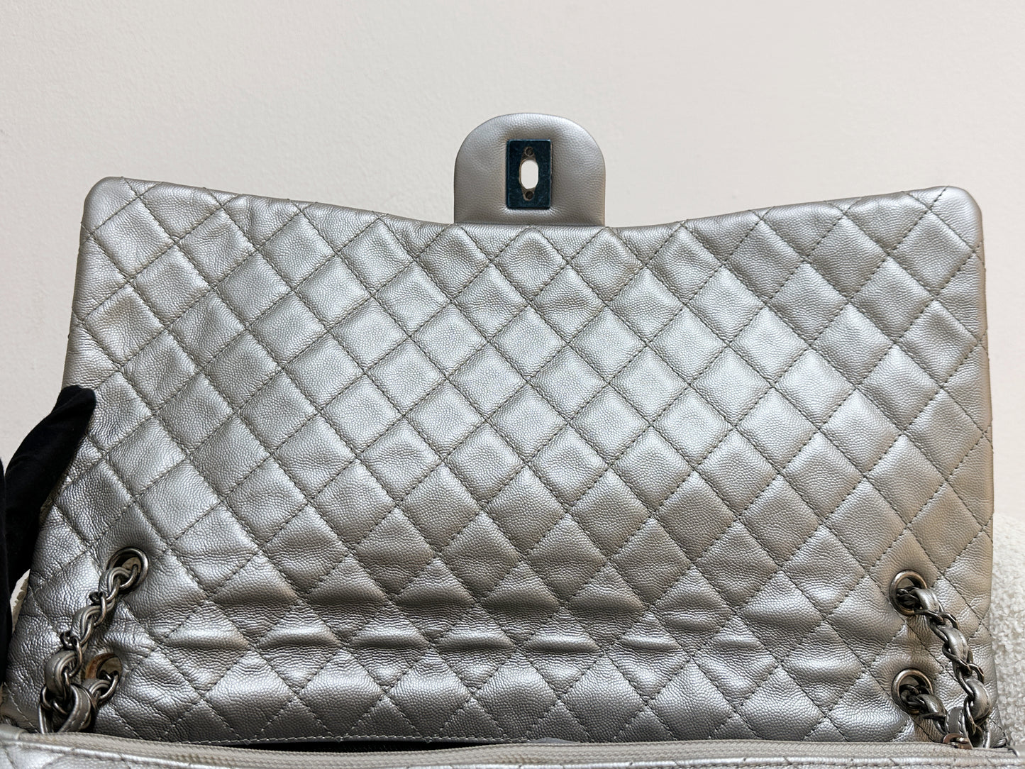 Chanel 2017 Caviar Classic Quilted XXL Travel Flap shoulder bag Metallic Silver SHW 2257 holo card