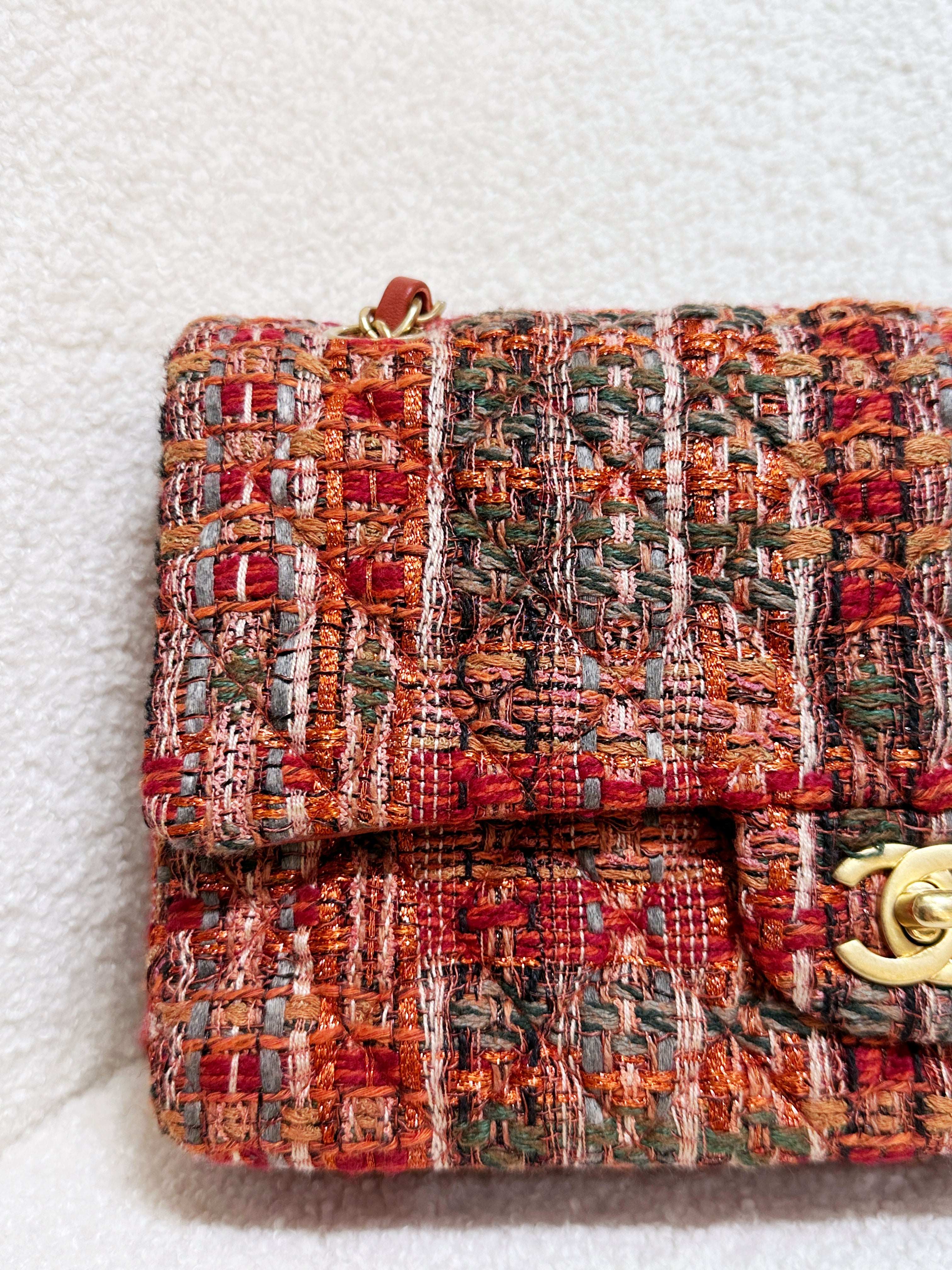 Chanel Tweed Quilted Medium Double Flap Bag Orange Multicolor K9J2 microchip