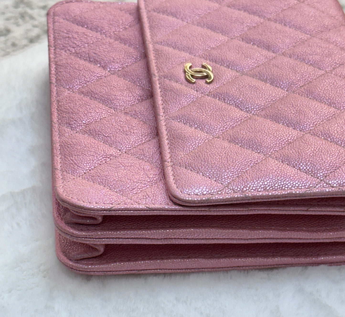 Chanel Square Wallet on Chain WOC Iridescent Pink Caviar Light Gold Hardware