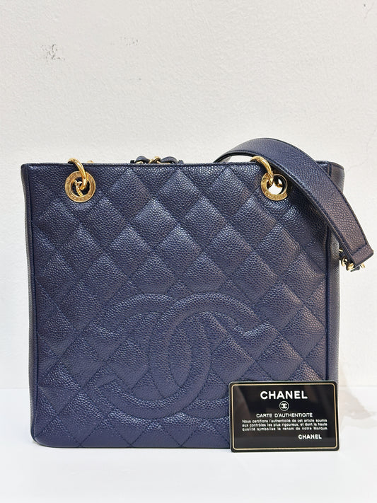 Chanel Caviar Quilted Petit Shopping Tote PST Navy Blue 1898 holo card