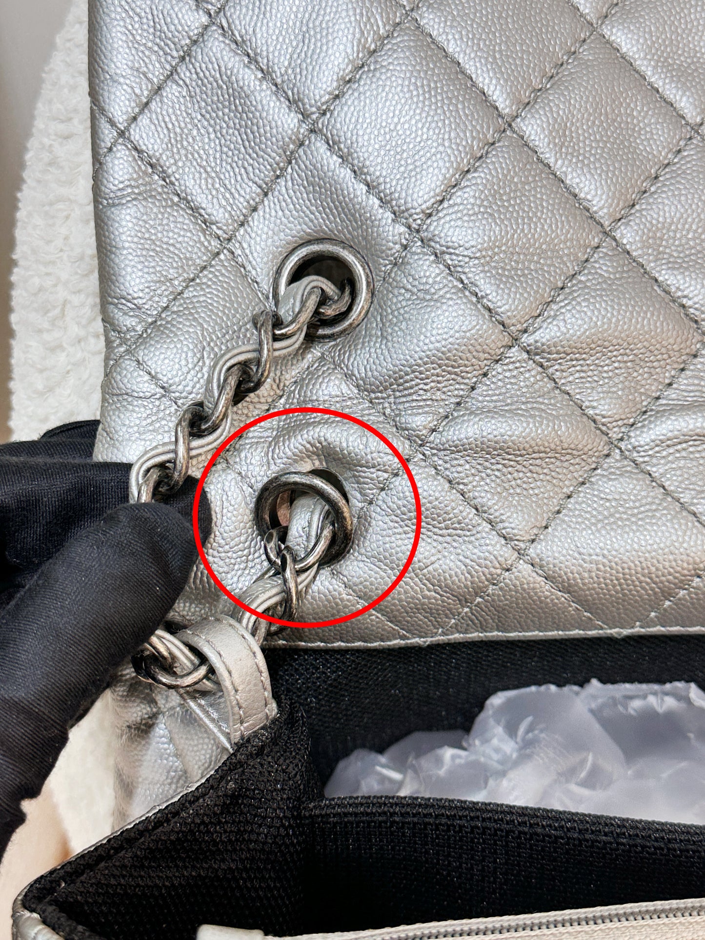 Chanel 2017 Caviar Classic Quilted XXL Travel Flap shoulder bag Metallic Silver SHW 2257 holo card