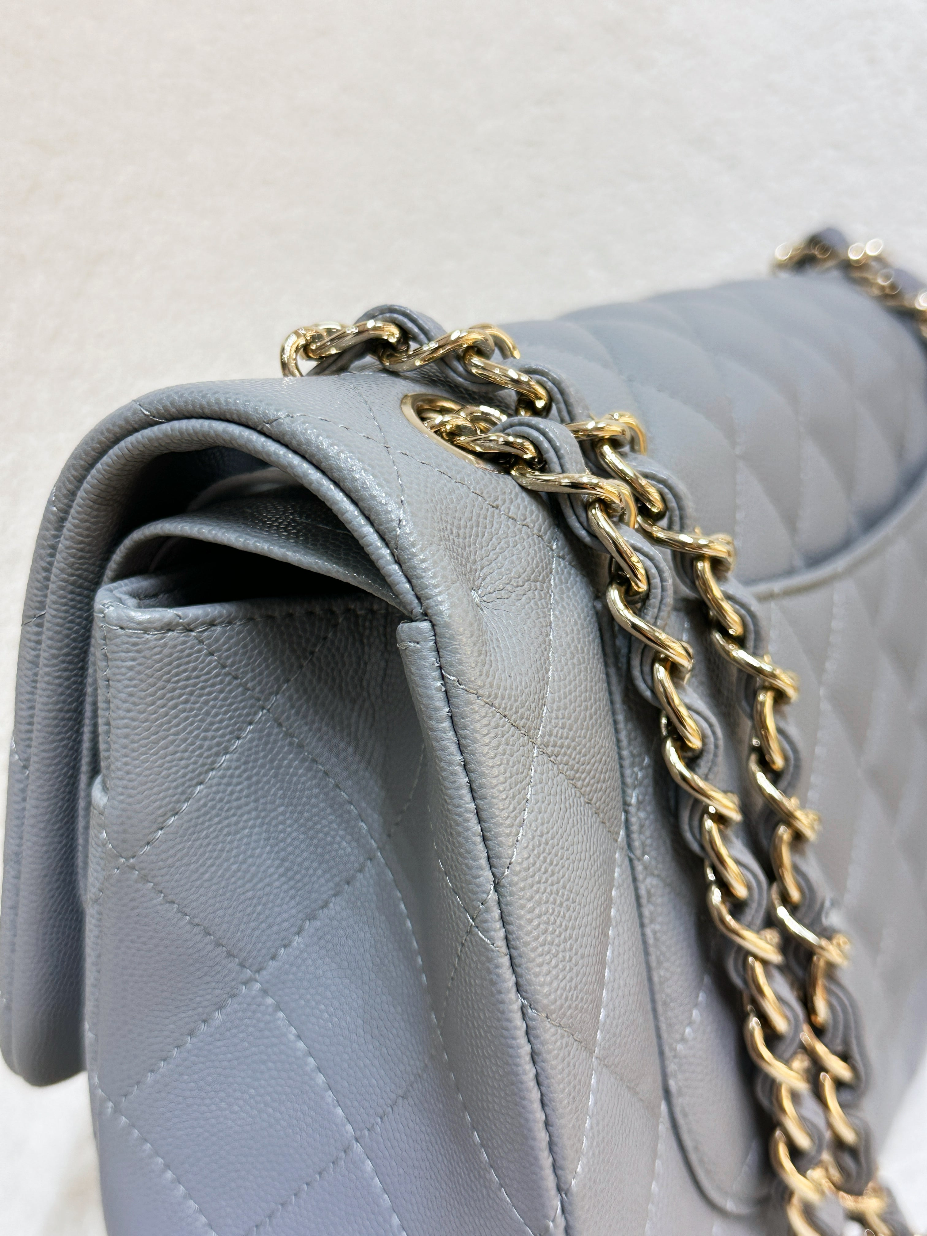 Chanel Jumbo Caviar Classic Quilted Double Flap Bag Light Grey LGHW 2910 holo card