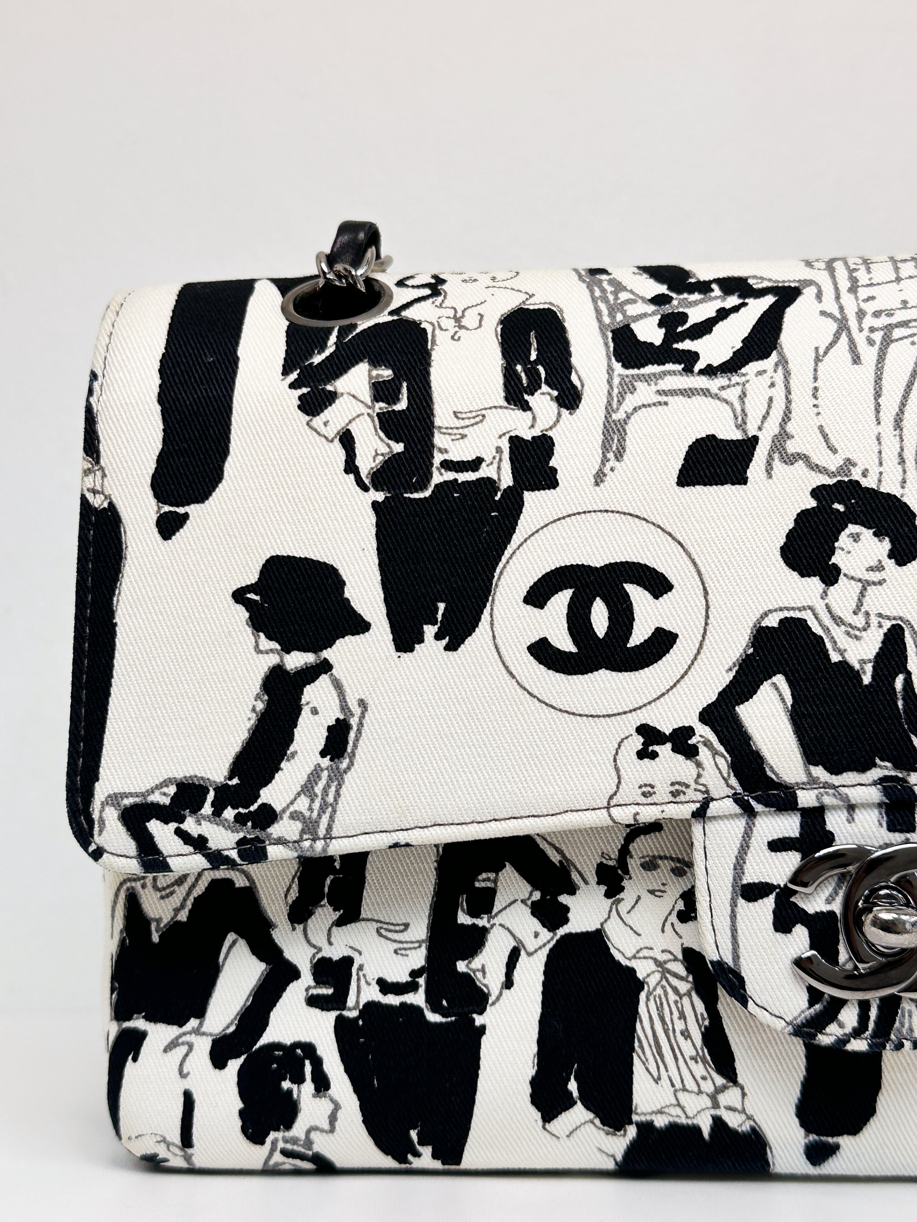 Chanel Canvas Coco Icons Medium Double Flap Bag Black White 827 holo card